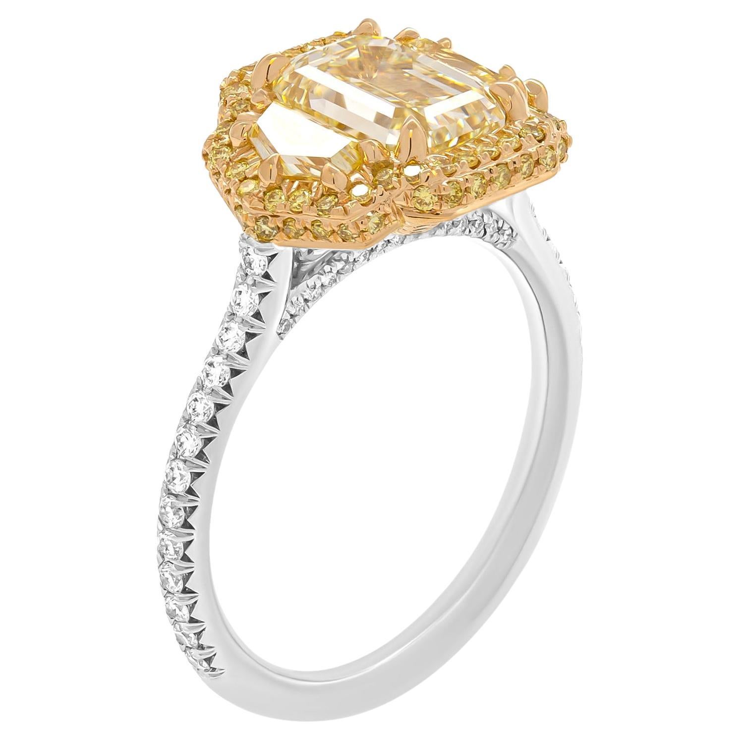 3 Stone Ring in Platinum & 18k Yellow Gold Center with 2.01 Carat Emerald Cut For Sale