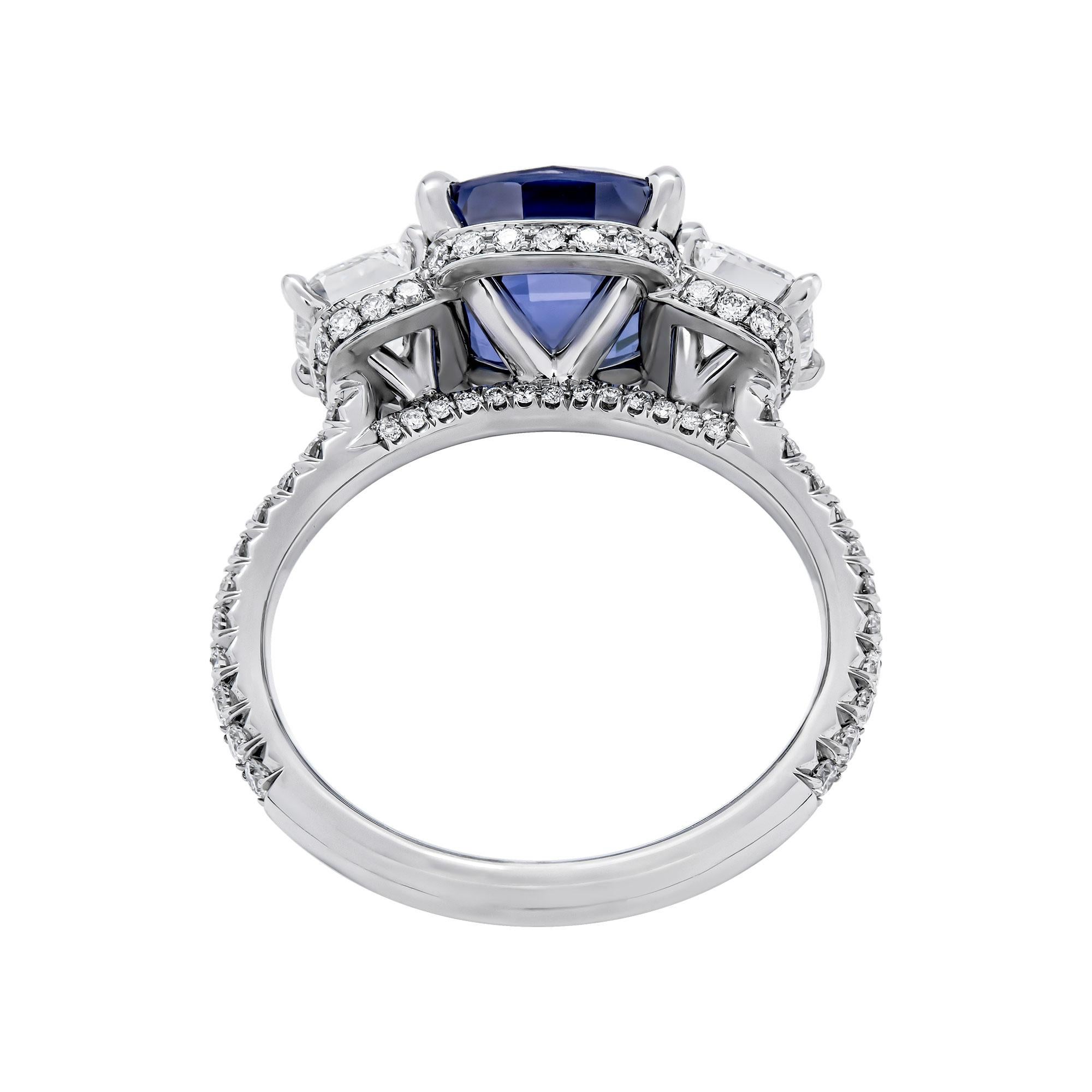 Cushion Cut 3-Stone Ring with 3.59 Carat Blue Sapphire For Sale
