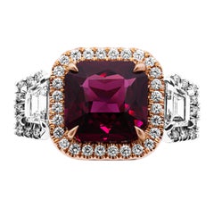 3 Stone Ring with Cushion Cut 4.55ct Red Garnet