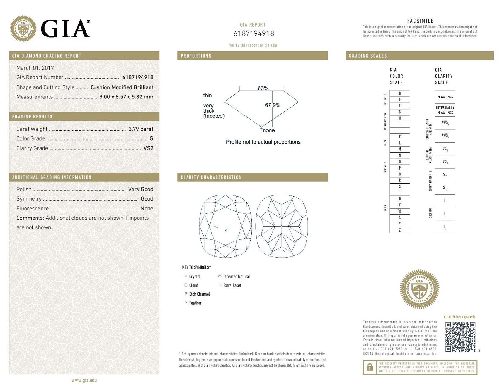 Anello a tre pietre con centro a cuscino GIA G/VS2 e lati a mezza luna. D4.32ct.t.w. In condizioni Nuovo in vendita a Los Angeles, CA