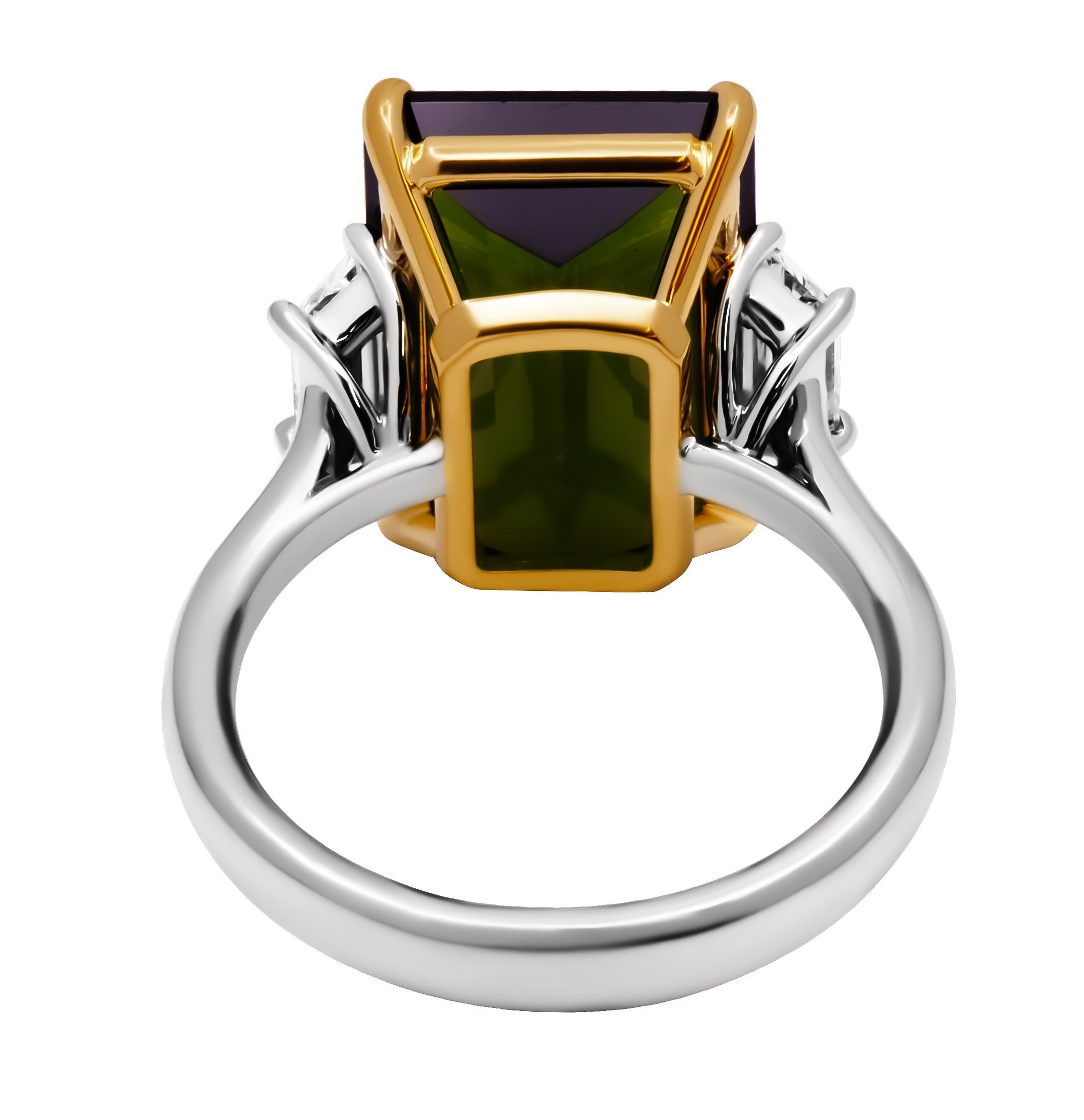 Emerald Cut 3 Stone Ring with Green Tourmaline For Sale