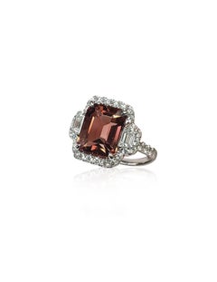 3, Stone Rose Tourmaline 'Emerald Cut' and White Diamonds 'Trapezoid Cut' Ring