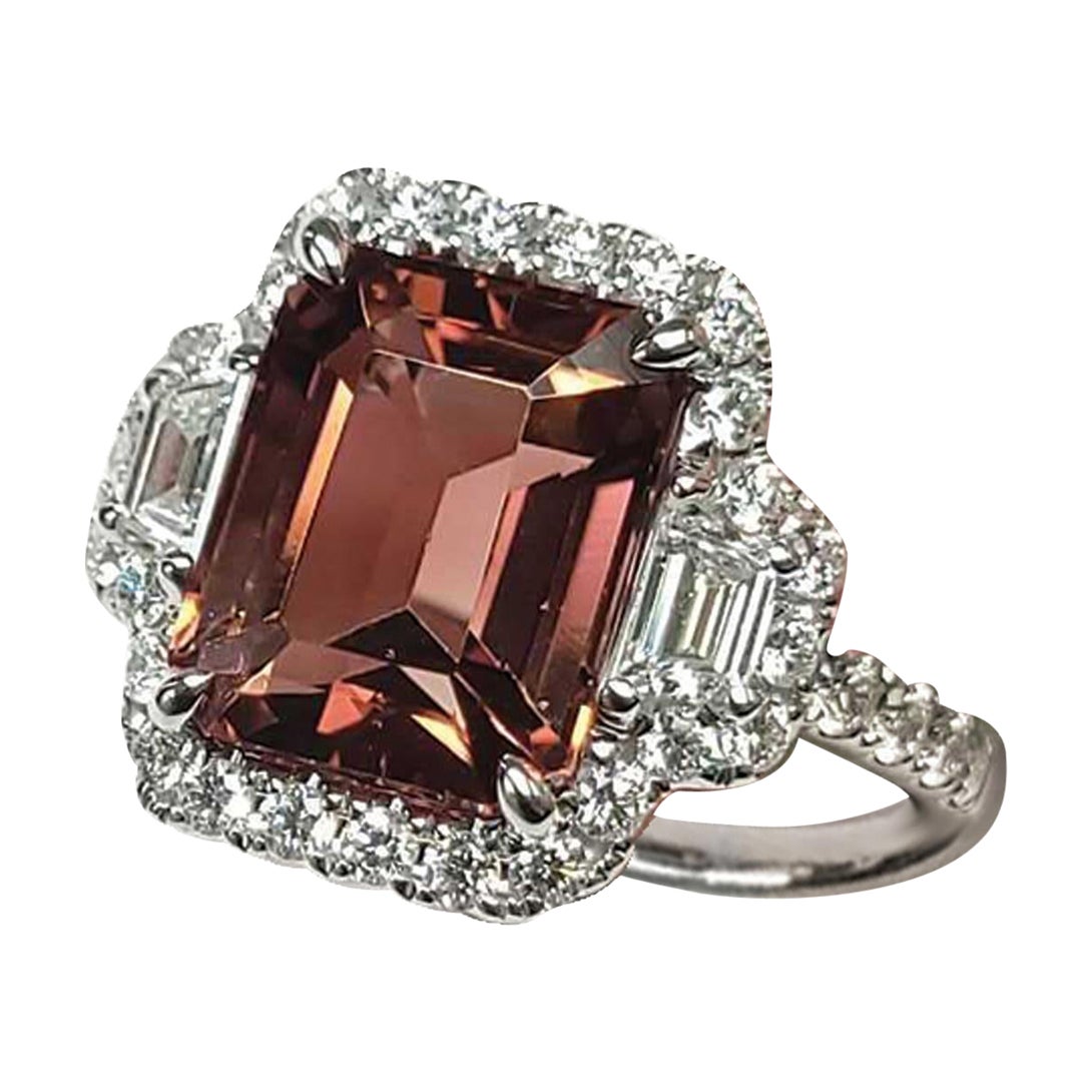 3, Stone Rose Tourmaline 
Emerald Cut
 and White Diamonds 
Trapezoid Cut
 Ring