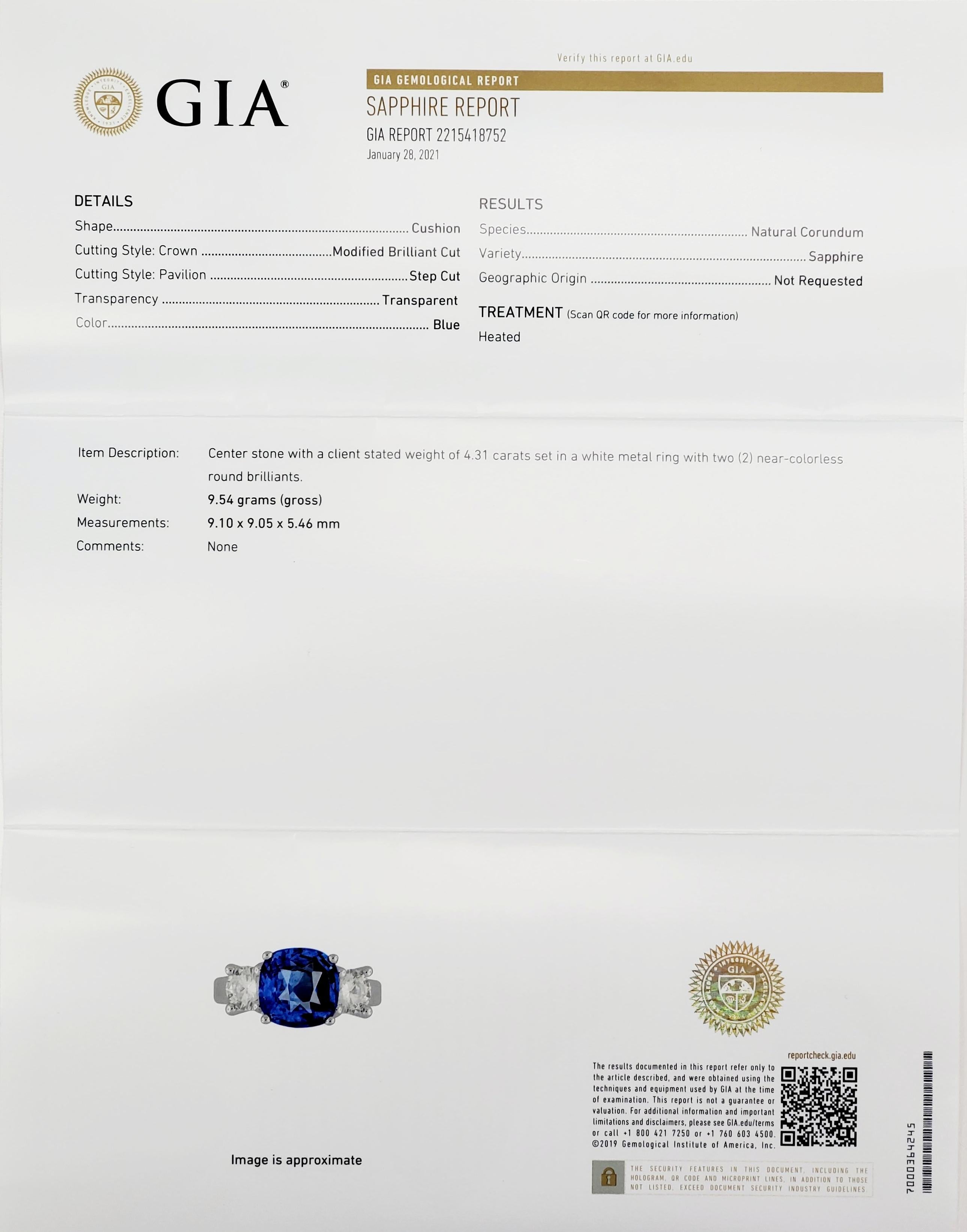 Women's 3 Stone 4.31 Cushion Sapphire and White Diamond  Platinum Ring, GIA Certified  