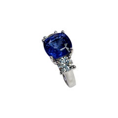3 Stone 4.31 Cushion Sapphire and White Diamond  Platinum Ring, GIA Certified