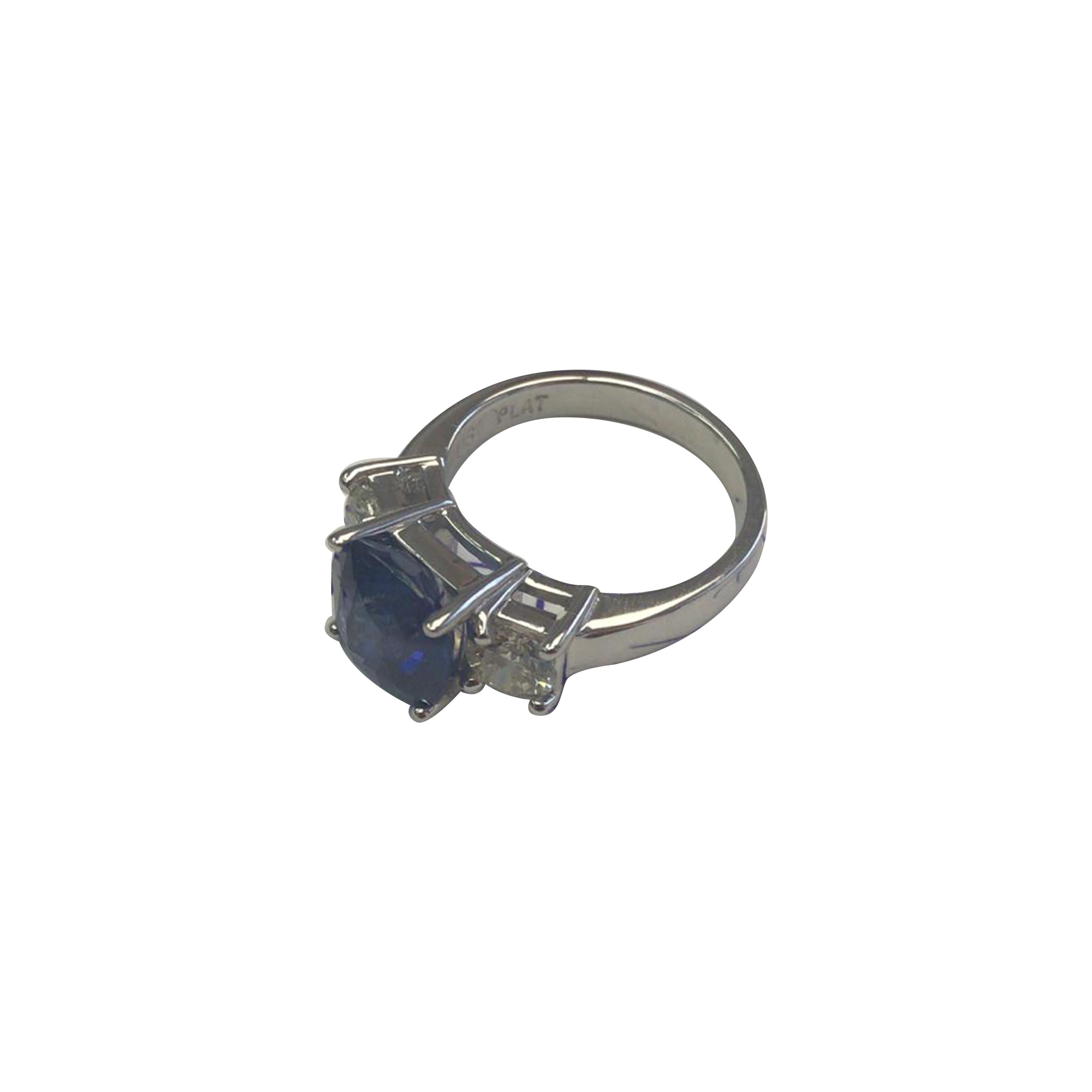 Cushion Cut 3 Stone 4.31 Cushion Sapphire and White Diamond  Platinum Ring, GIA Certified  