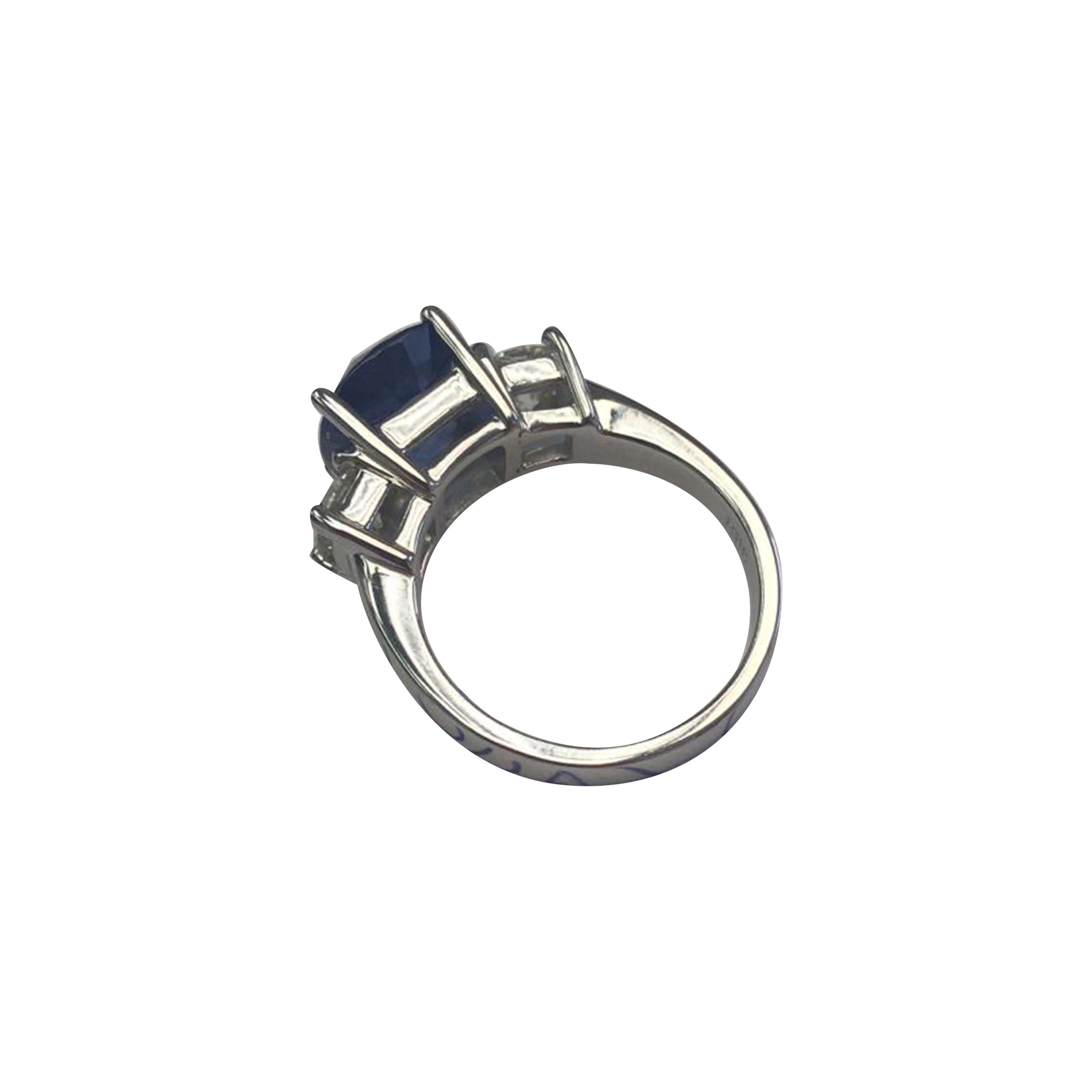 3 Stone 4.31 Cushion Sapphire and White Diamond  Platinum Ring, GIA Certified   In New Condition In Great Neck, NY