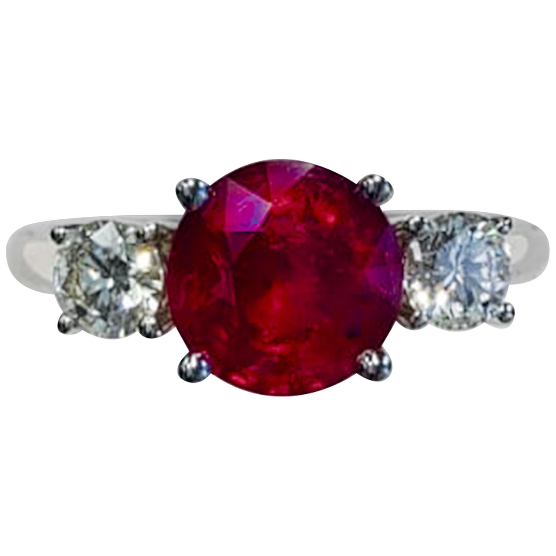 3 Stone Round Ruby Fashion Ring with White Diamonds