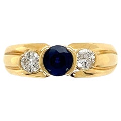 Retro 3-Stone Sapphire and Diamond Gold Art Deco Revival Band Ring Fine Estate Jewelry