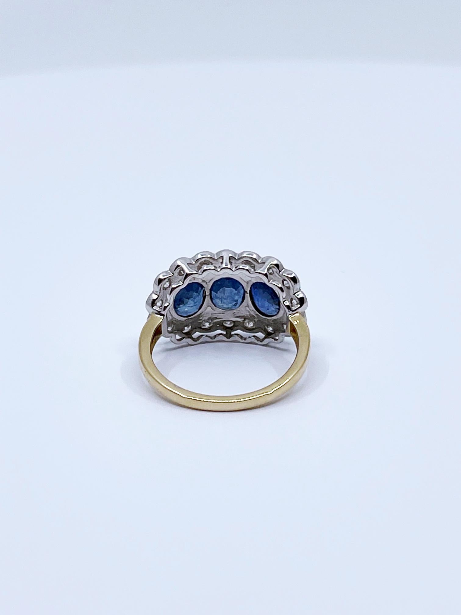 Old European Cut 3 Stone Sapphire & Diamond Art Deco Style Ring For Sale