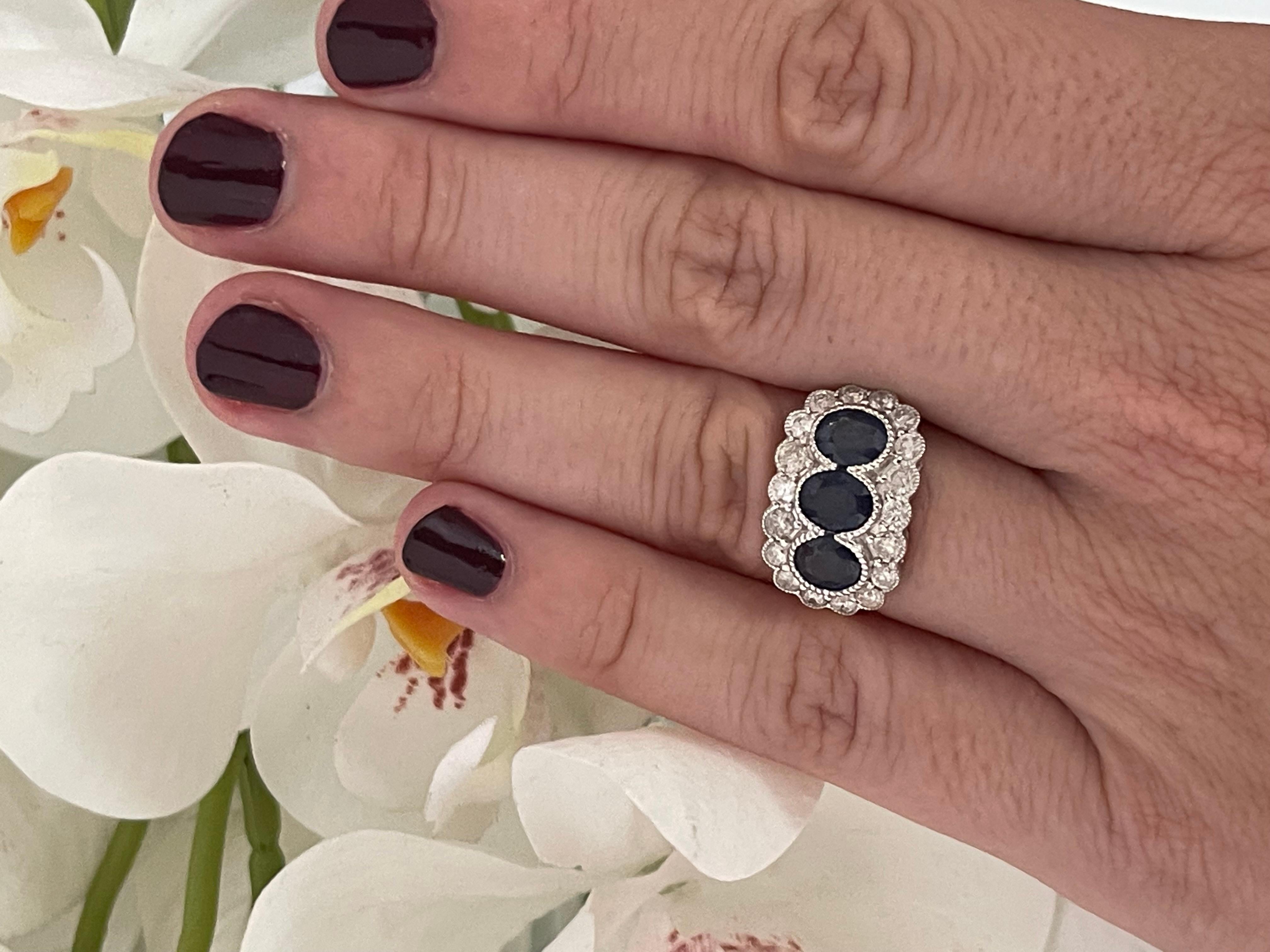 3 Stone Sapphire & Diamond Art Deco Style Ring For Sale 1