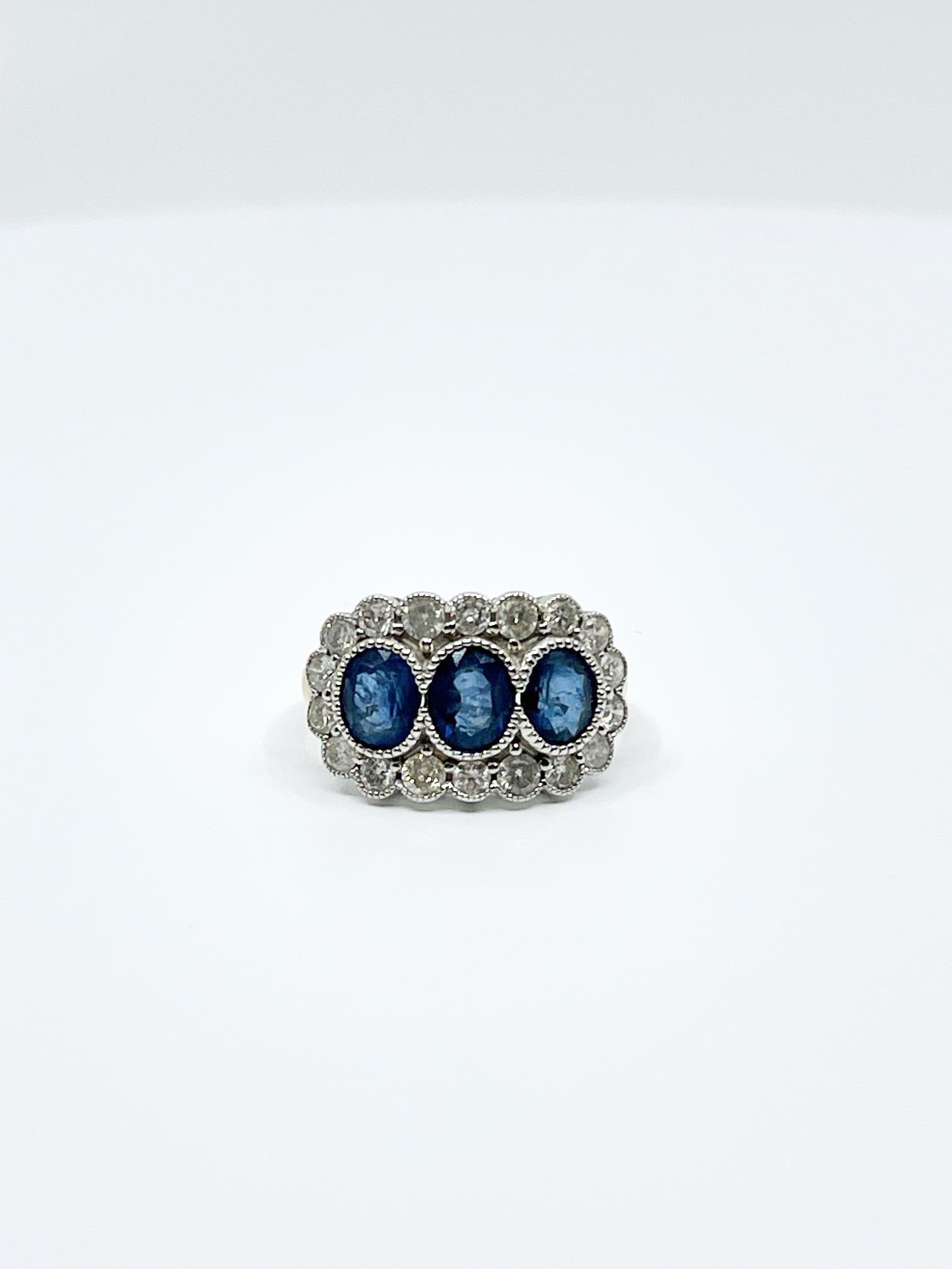 3 Stone Sapphire & Diamond Art Deco Style Ring For Sale 2