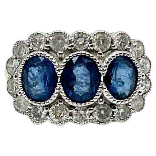 3 Stone Sapphire & Diamond Art Deco Style Ring For Sale