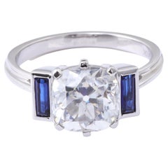 2 Carat Cushion Cut Diamond Engagement Ring Three Stone Diamond Sapphire Ring