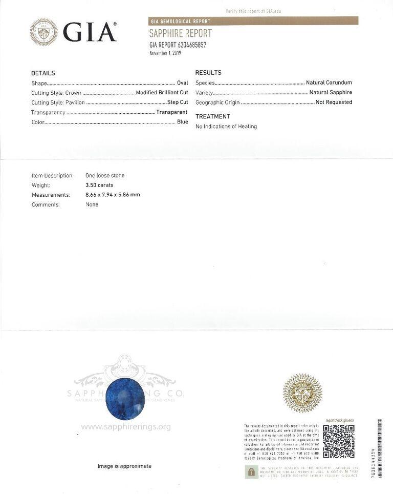 Neuer Ring aus Platin mit einem natürlichen Ceylon-Saphir, der einen unbehandelten blauen Saphir im Ovalschliff mit den Maßen 8,66 x 7,96 x 5,86 mm und einem Gewicht von 3,50 Karat enthält.  Typ II. Mitteldunkle, mäßig starke, blaue Farbe GIA B 6/4,