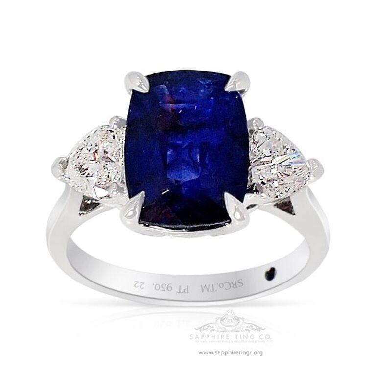 Cushion Cut 3 Stone Sapphire Ring, 3.79 Carat Royal Blue Natural Sapphire GIA Certified  For Sale