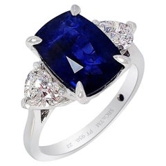3 Stone Sapphire Ring, 3.79 Carat Royal Blue Natural Sapphire GIA Certified 