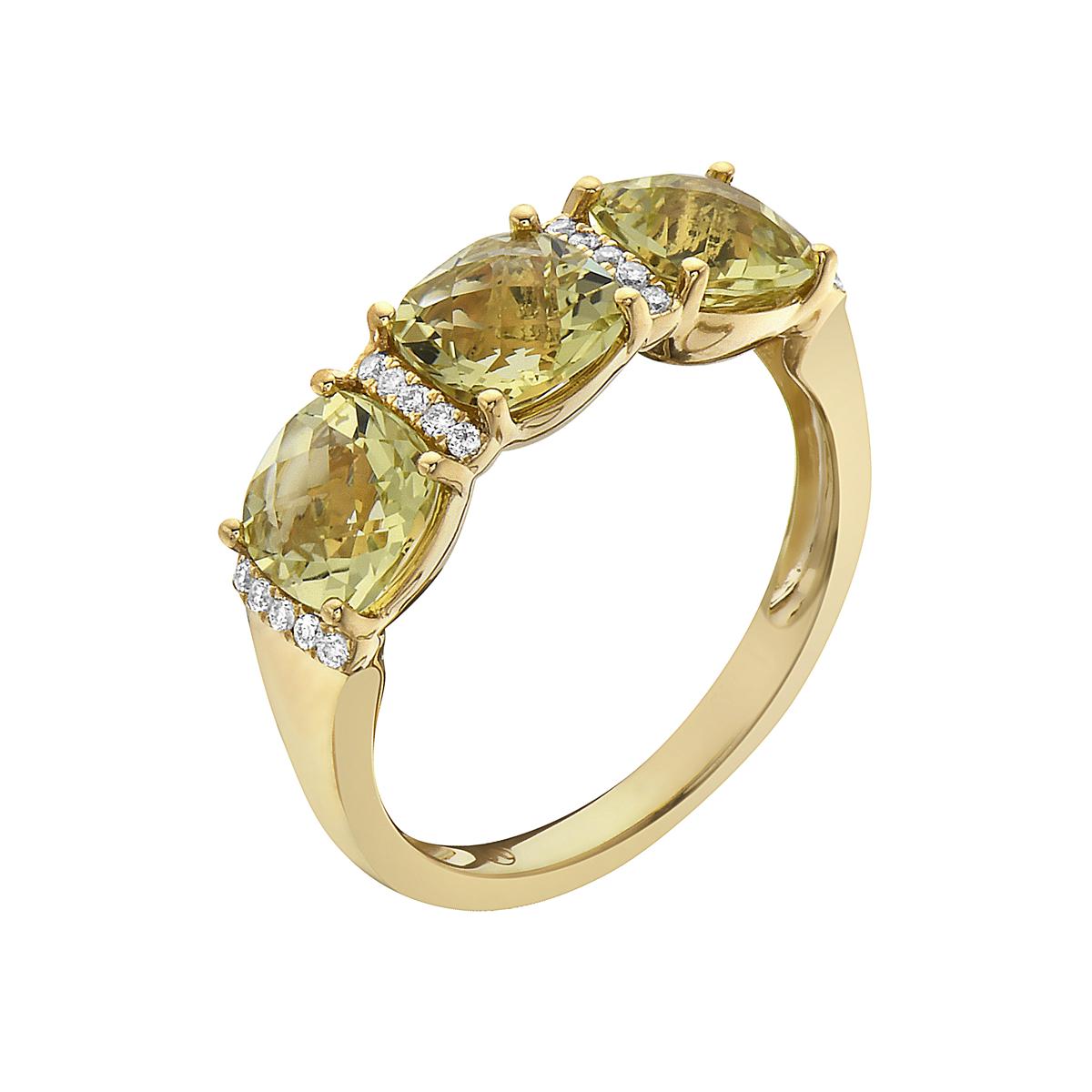 With this exquisite semi-precious gold-green quartz ring, style and glamour are in the spotlight. This 14-karat cushion cut ring is made from 3.3 grams of gold, 3 green quartz totaling 2.33 karats, and is surrounded by 20 round SI1-SI2, GH color