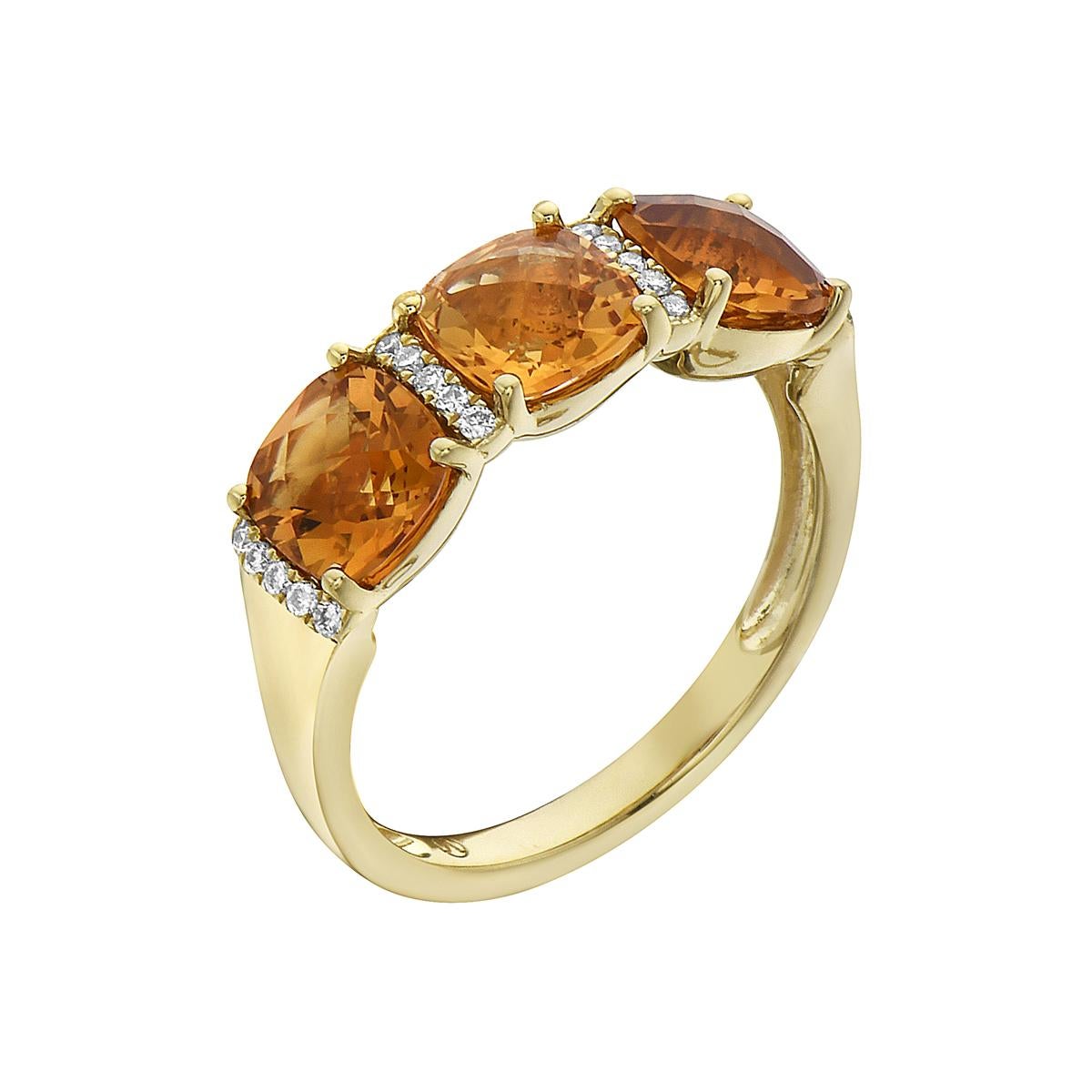 With this exquisite semi-precious citrine ring, style and glamour are in the spotlight. This 14-karat cushion cut ring is made from 3.3 grams of gold, 3 citrines totaling 2.38 karats, and is surrounded by 20 round SI1-SI2, GH color diamonds totaling