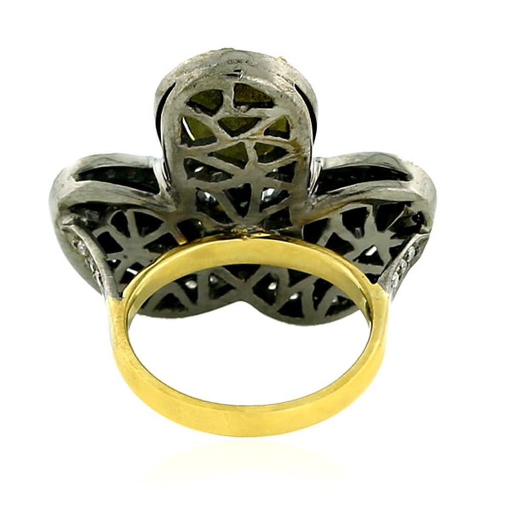 Art Nouveau 3 Stone Sliced Geode Ring With Pave Diamonds Made In 18k Yellow Gold & Silver For Sale