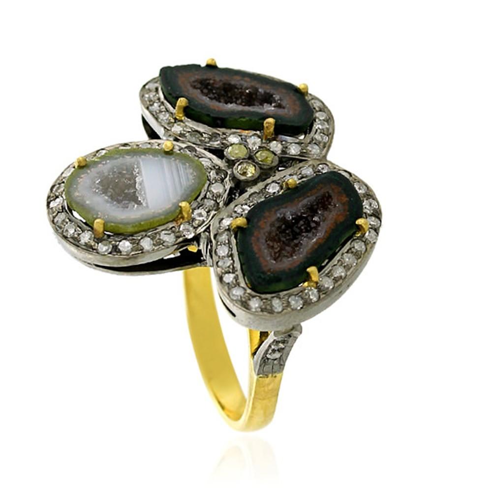 Mixed Cut 3 Stone Sliced Geode Ring With Pave Diamonds Made In 18k Yellow Gold & Silver For Sale