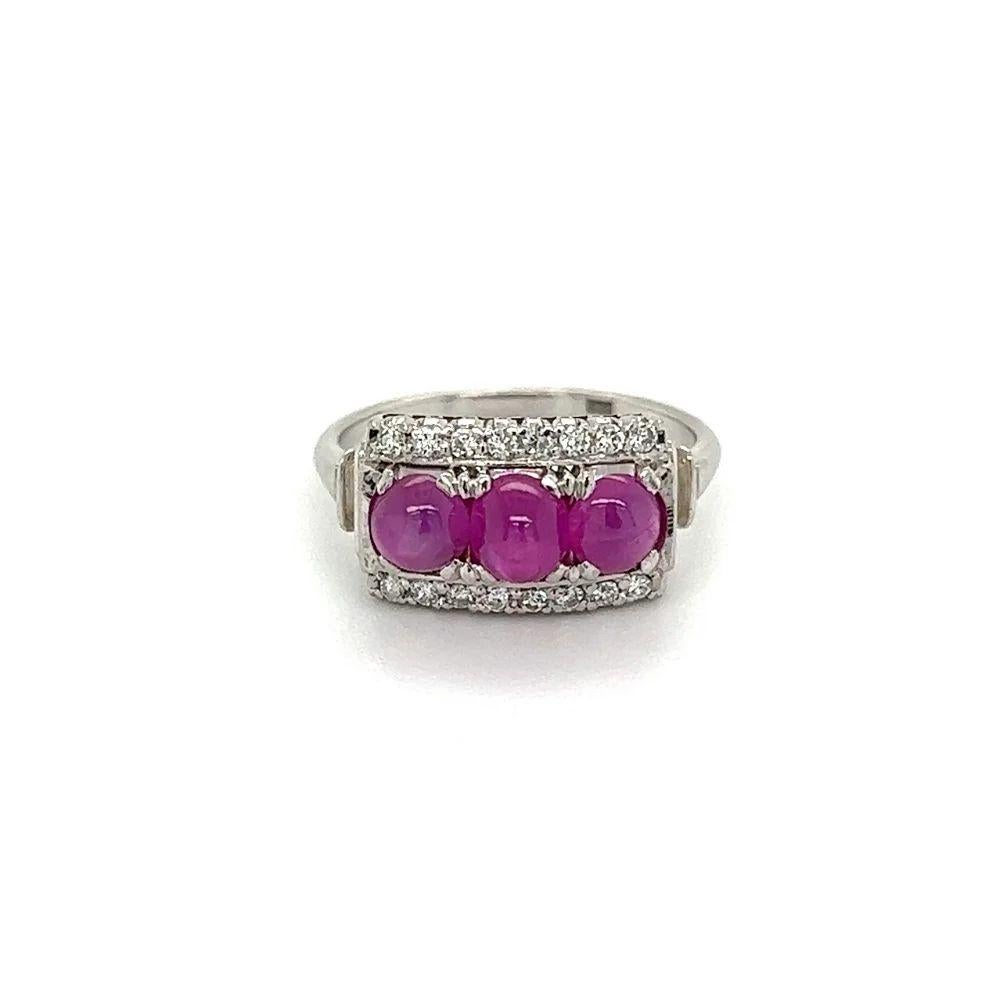 Mixed Cut 3-Stone Star Ruby and Diamond Platinum Vintage Band Ring Estate Estate Jewelry For Sale