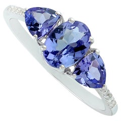 3 Stone Vivid Tanzanite Band Ring With Diamonds Made In 18k White Gold