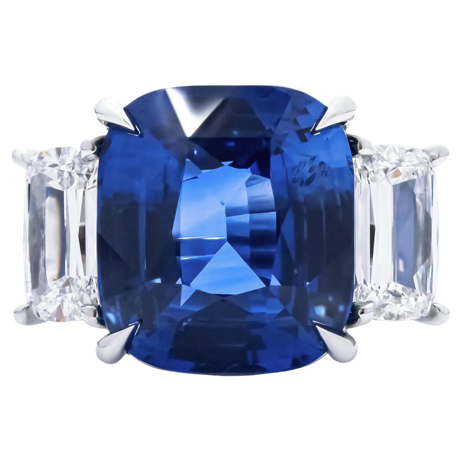 3 Stone with Blue Cushion Cut Sapphire  For Sale