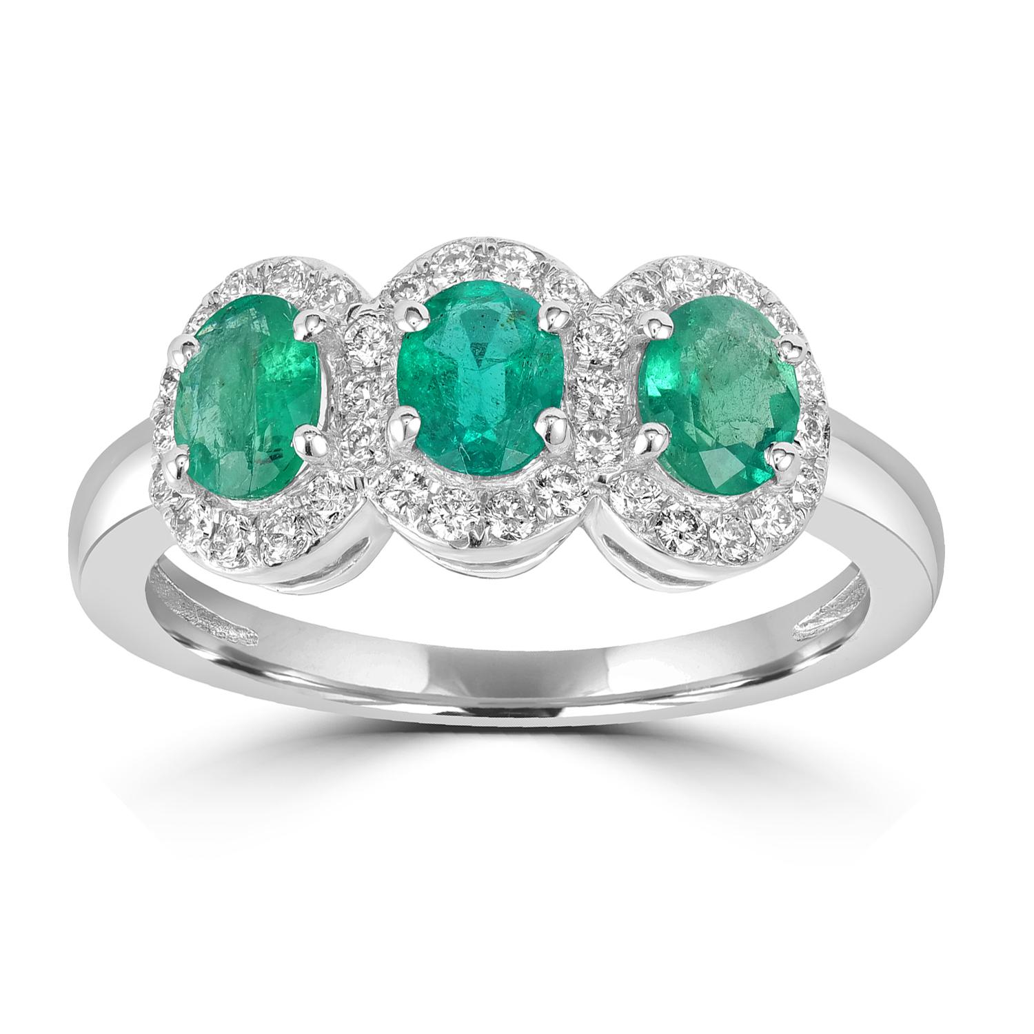 3 Stone sambischen Smaragd Band Ring mit Diamanten in 18k Weißgold gemacht (Art déco) im Angebot