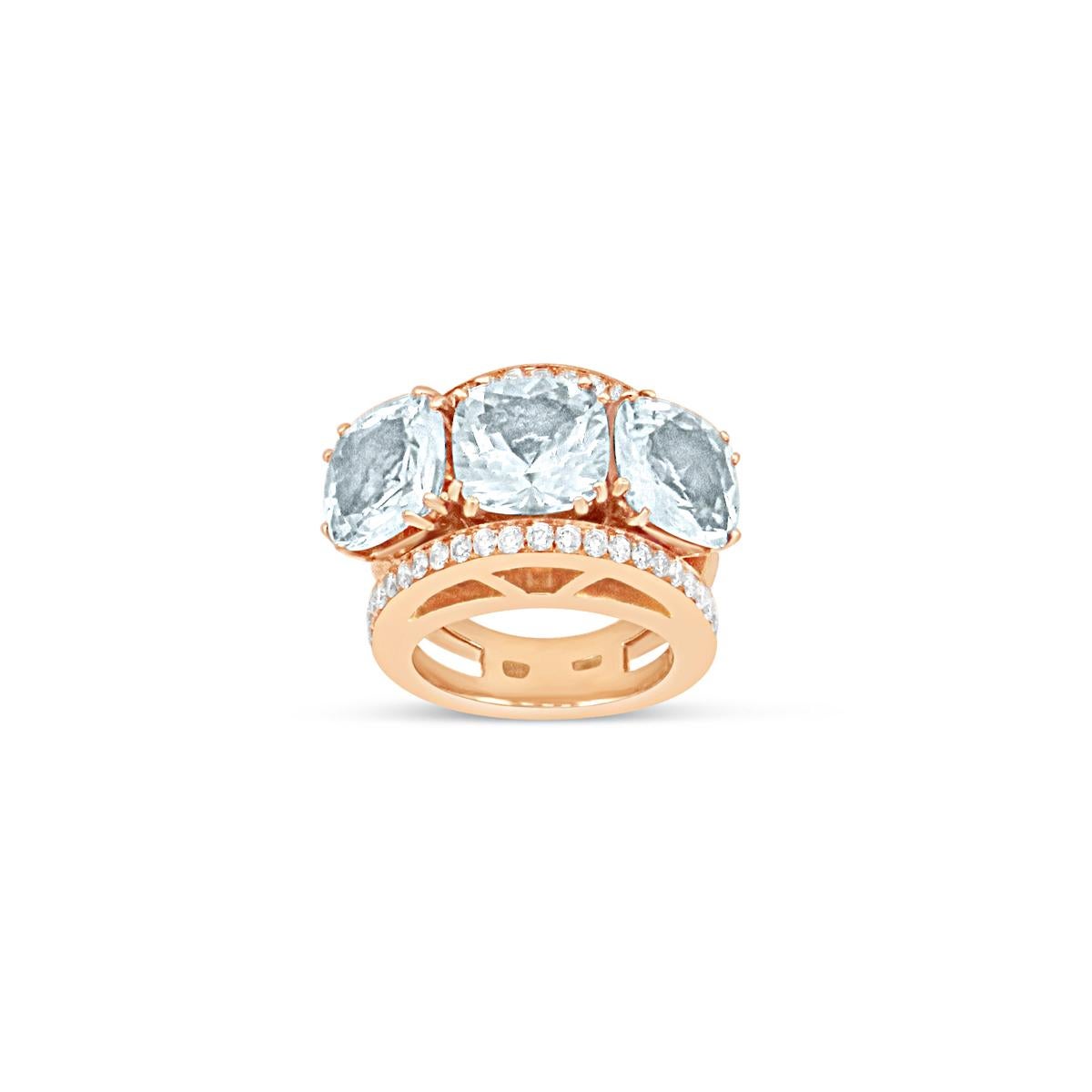 This talented Italian designer recreated the iconic trilogy ring with a contemporary spin. Featuring three sizable aquamarine stones (9.93 ct), this elegant ring radiates light blue hues from all angles.
Aquamarine is a beautiful gemstone that has