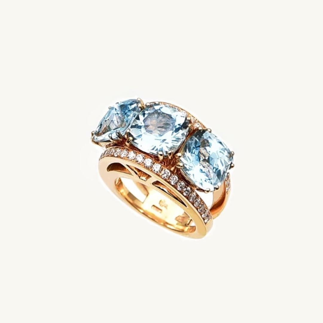 Brilliant Cut 3 Stones Aquamarine Trilogy Cocktail Big Fashion Ring in 18K Rose Gold For Sale
