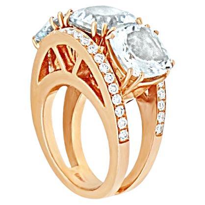 3 Stones Aquamarine Trilogy Cocktail Big Fashion Ring in 18K Rose Gold For Sale
