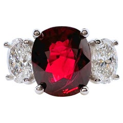 3 Stones Pigeon Blood Heated Ruby with Oval Diamonds Ring