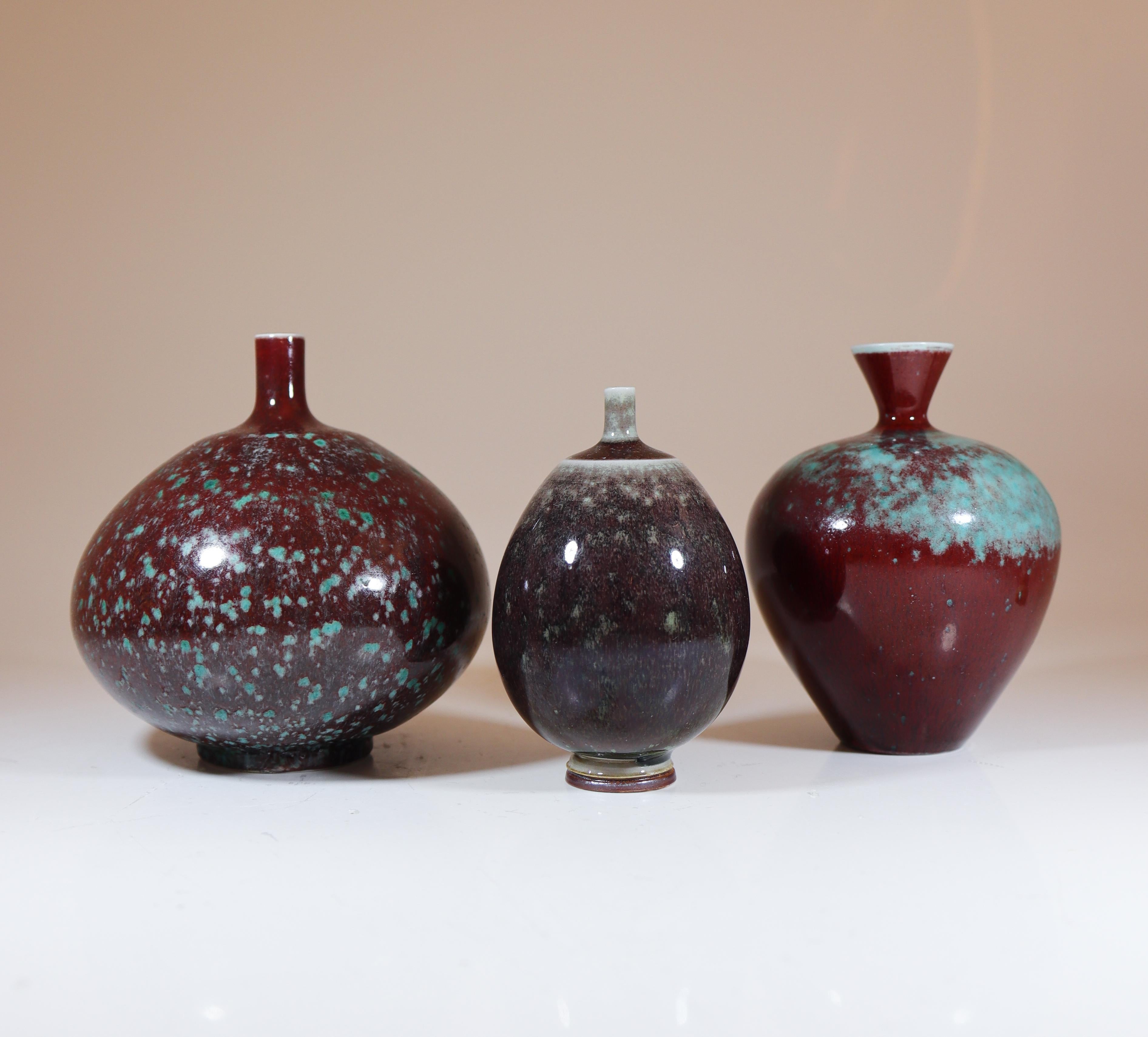 Scandinavian Modern 3 Stoneware Vases with Aniara Glaze Berndt Friberg Gustavsberg 1959 For Sale
