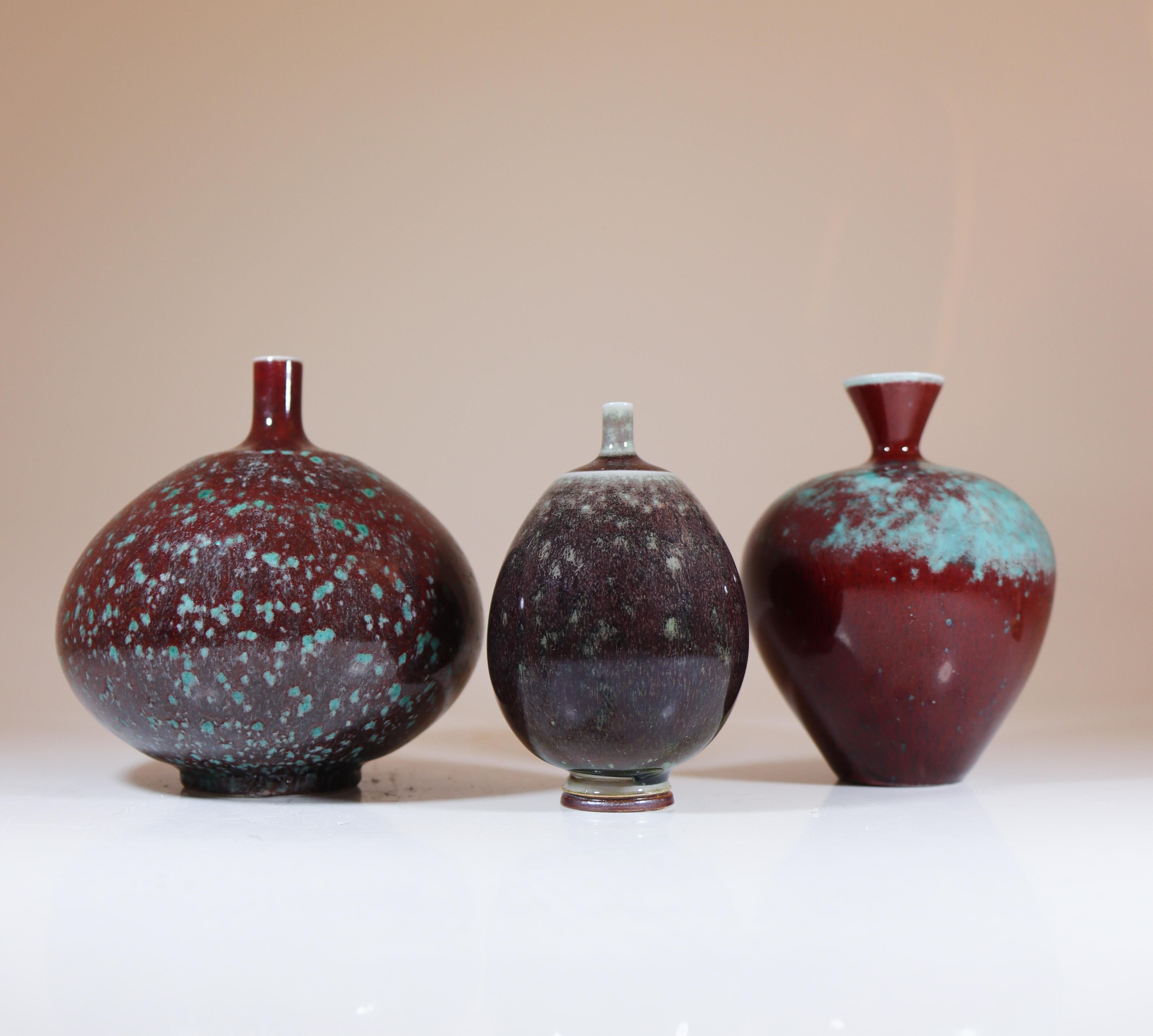 Swedish 3 Stoneware Vases with Aniara Glaze Berndt Friberg Gustavsberg 1959 For Sale