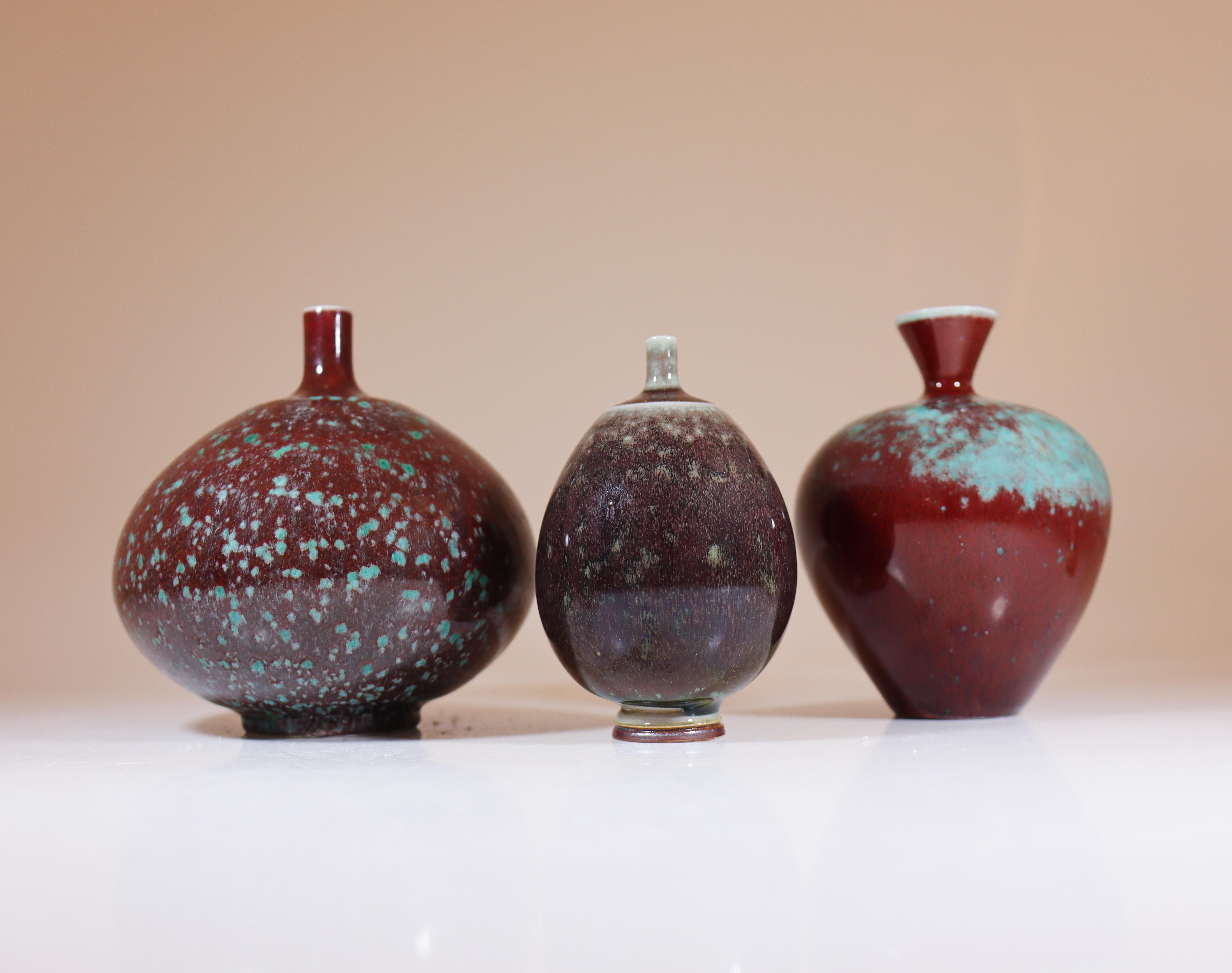 20th Century 3 Stoneware Vases with Aniara Glaze Berndt Friberg Gustavsberg 1959 For Sale