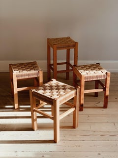 Set of Three Danish Pine Stools with Braided Rattan / Wicker in the Seat, 1970s