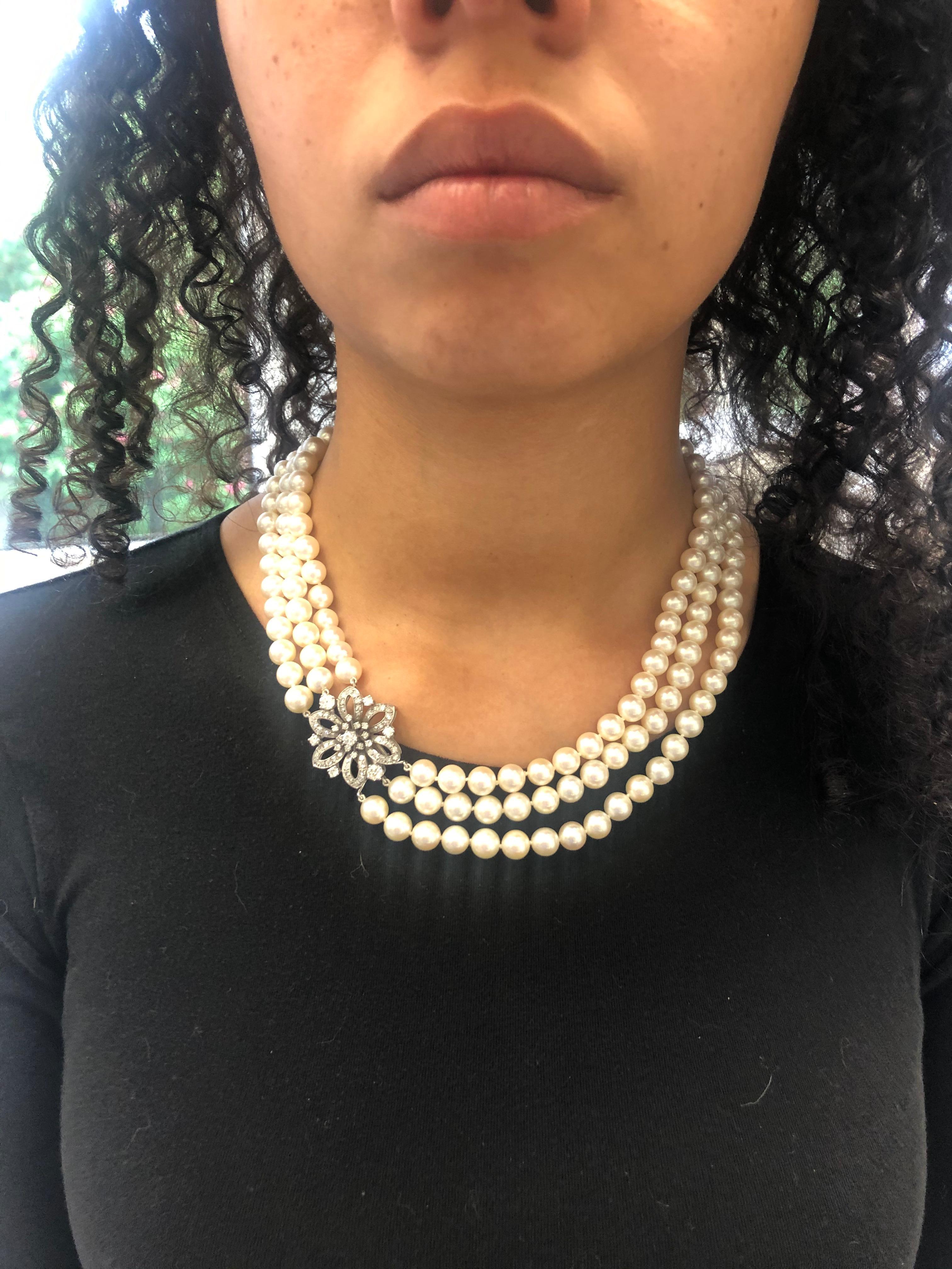 3-Strand Akoya Cultured Pearl Diamond Necklace 5