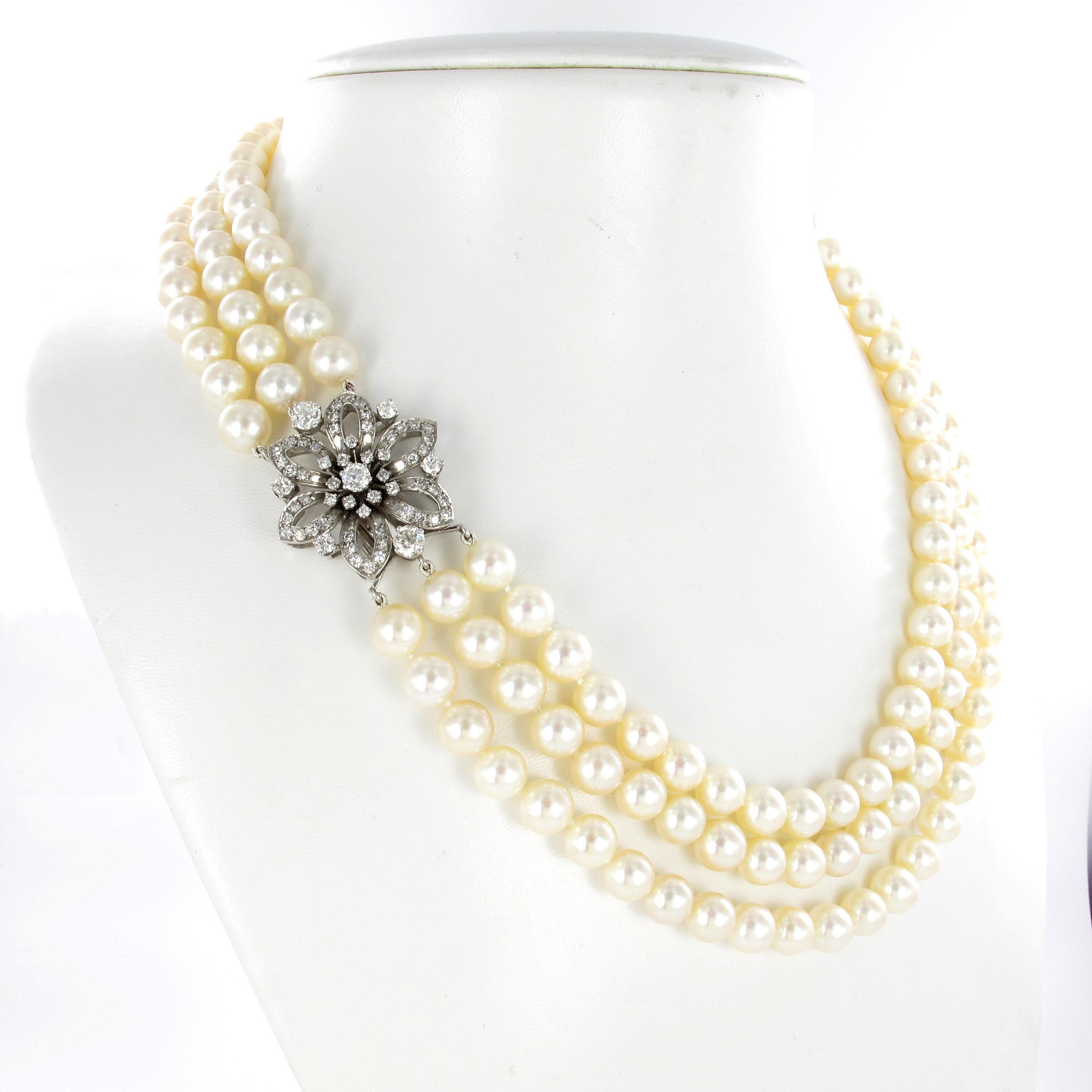 Modern 3-Strand Akoya Cultured Pearl Diamond Necklace