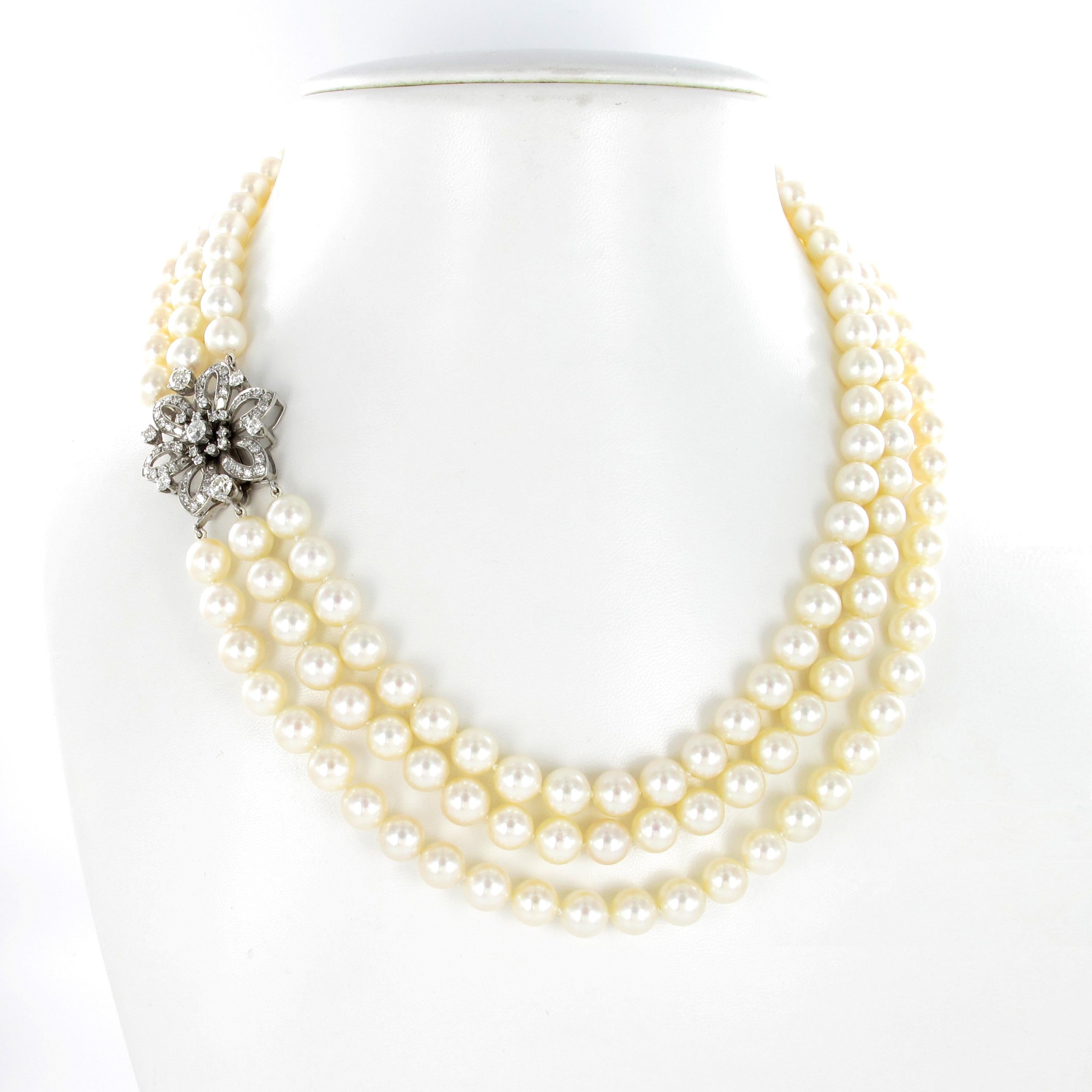 Old European Cut 3-Strand Akoya Cultured Pearl Diamond Necklace