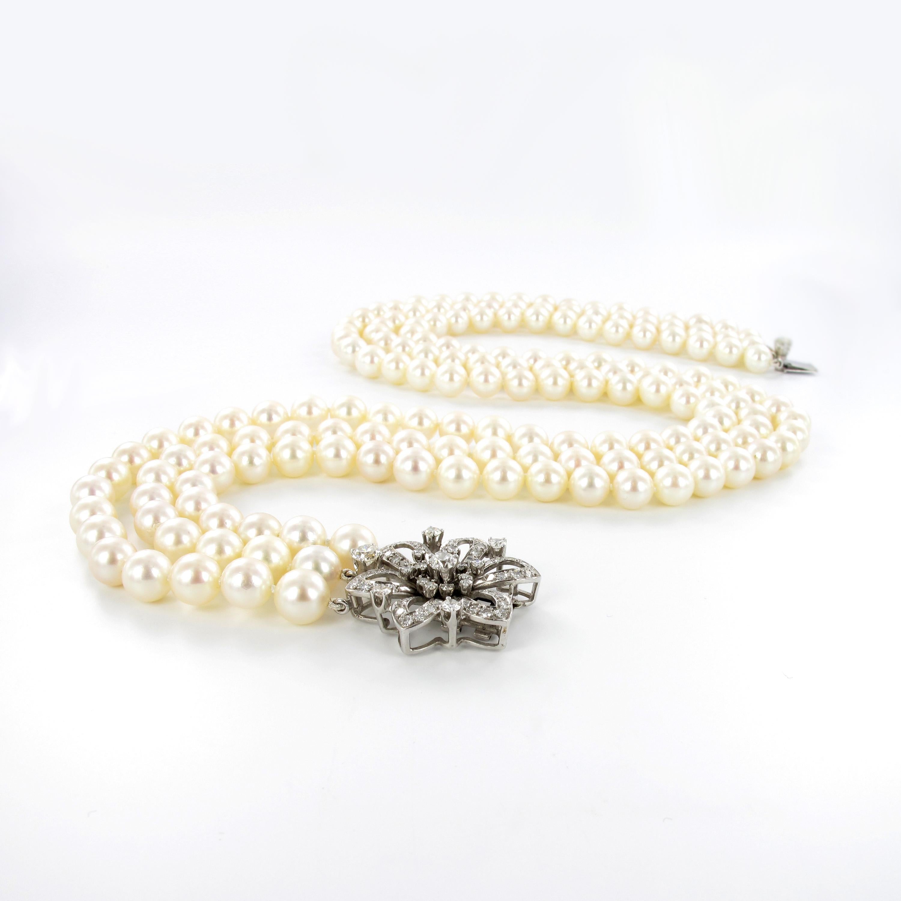 Women's or Men's 3-Strand Akoya Cultured Pearl Diamond Necklace