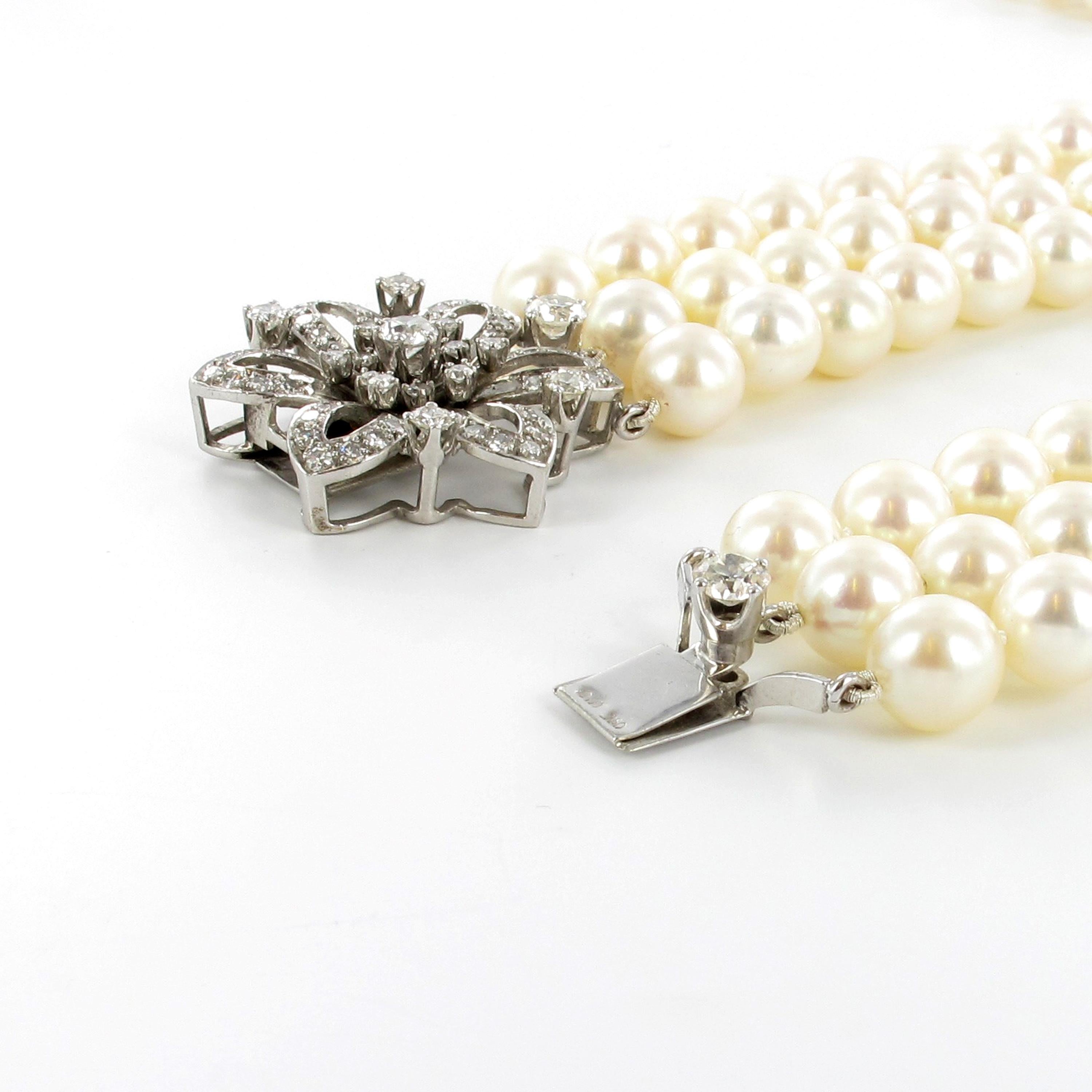 3-Strand Akoya Cultured Pearl Diamond Necklace 1