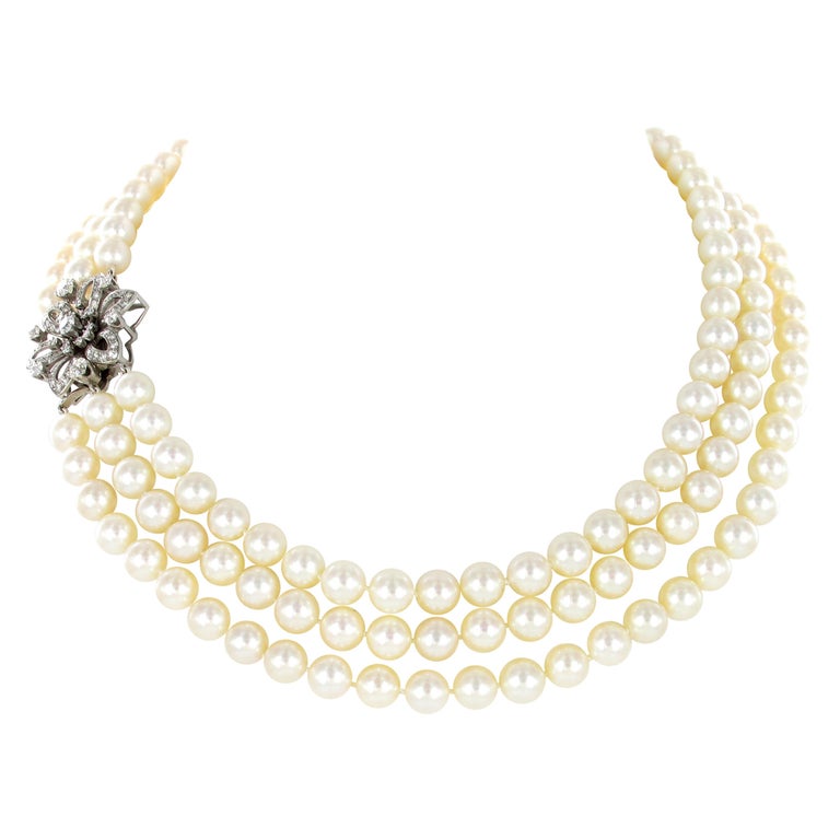 3Strand Akoya Cultured Pearl Diamond Necklace For Sale at 1stDibs