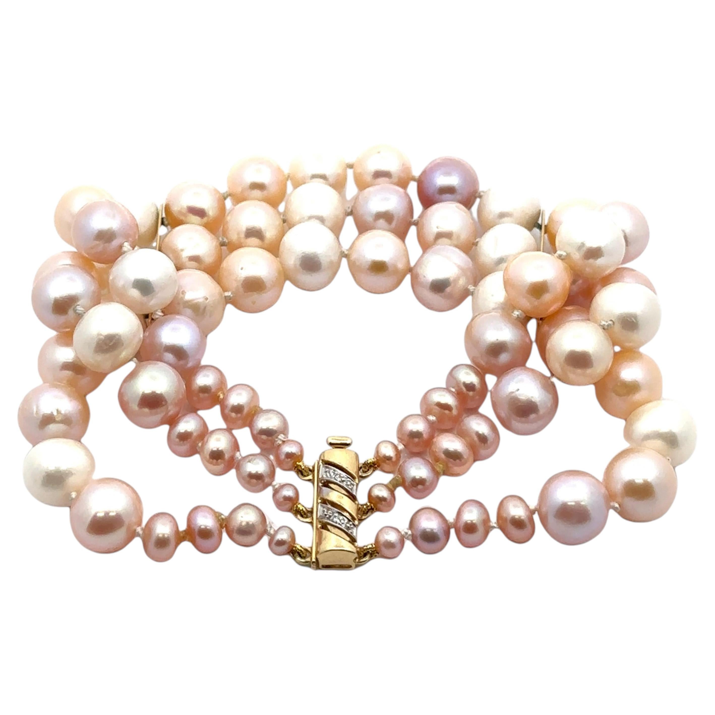 3 Strand Cultured Pearl Bracelet Diamond 14k Gold Clasp Bar Spacers For Sale