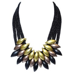 Vintage 3-Strand Gold, Black, Copper Bib Necklace