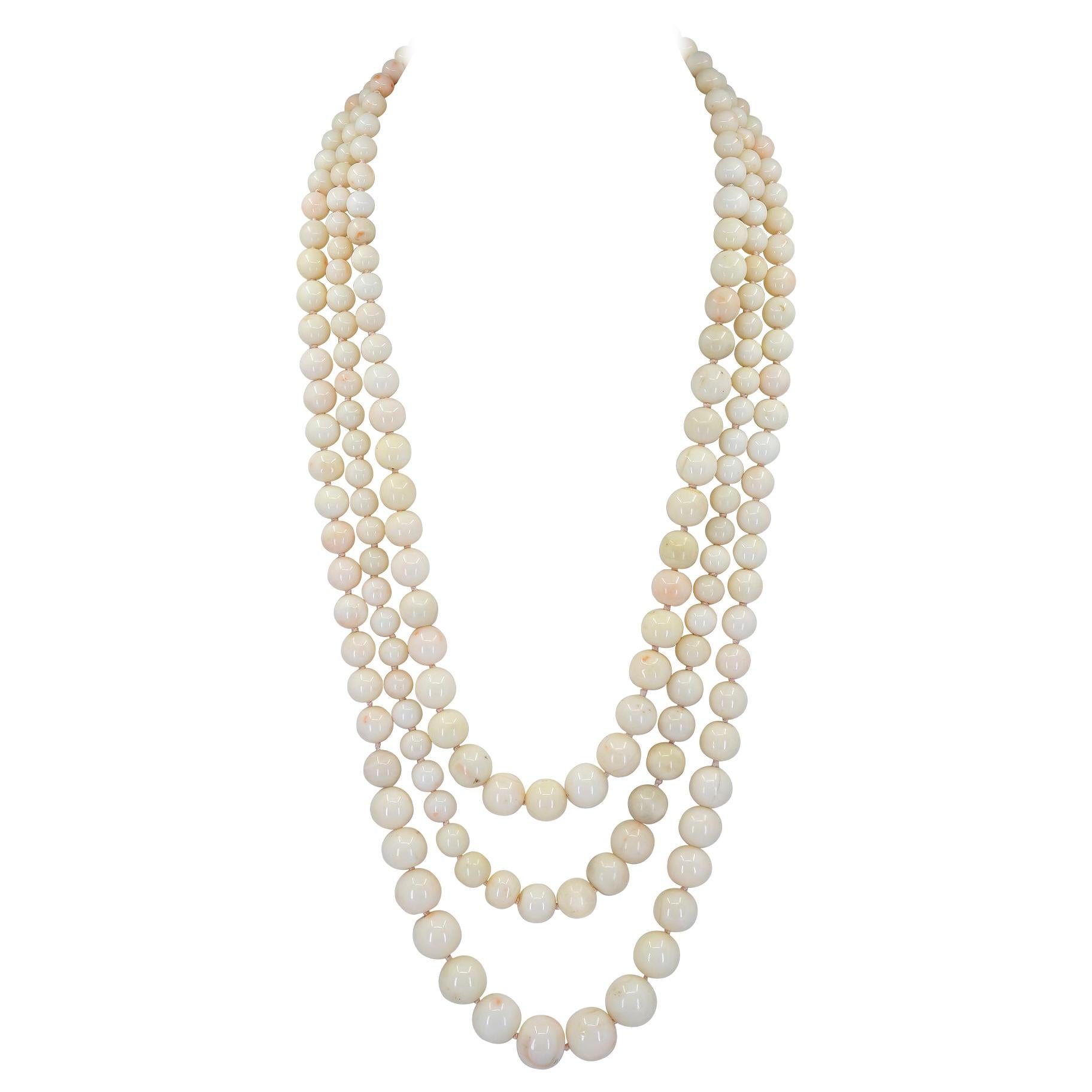 3 Strand Graduated White Coral Necklace For Sale