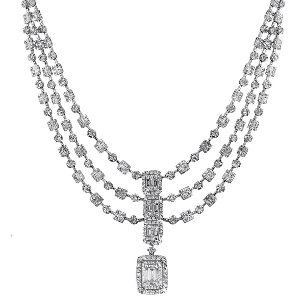 Material: 18k White Gold
Diamond Details: A total of 803 round brilliant diamonds that are approximately 10.50ctw
A total of 435 baguette cut diamonds that are approximately 9.29ctw
Diamonds are G/H in color and VS in clarity.
Measurements: Necklace