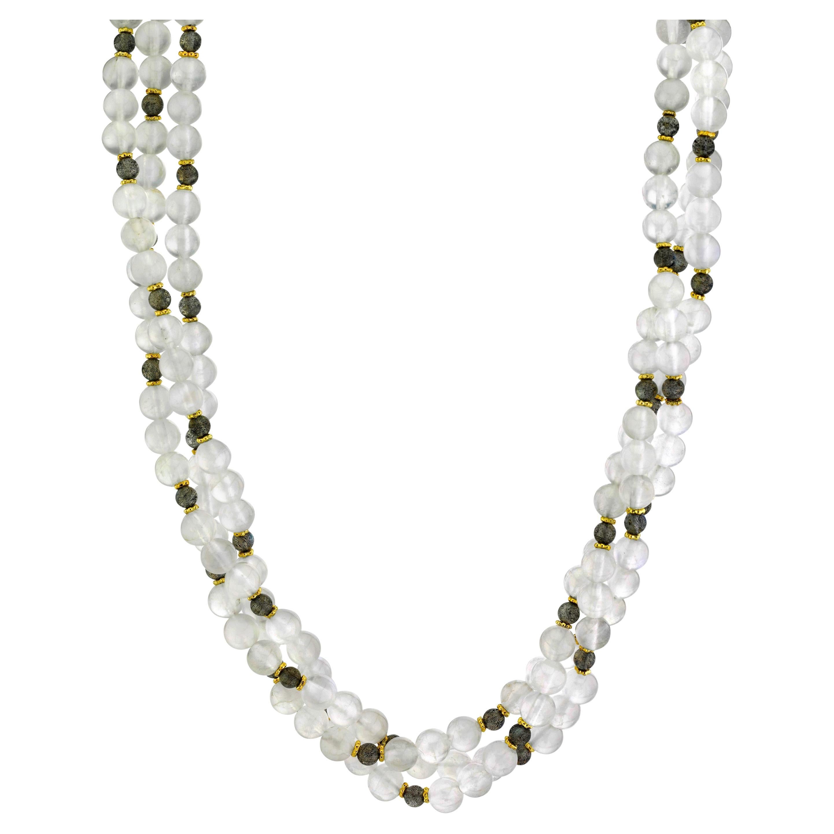 Collier de perles de lune à 3 brins en or jaune 18 carats avec pierres de labradorite en vente