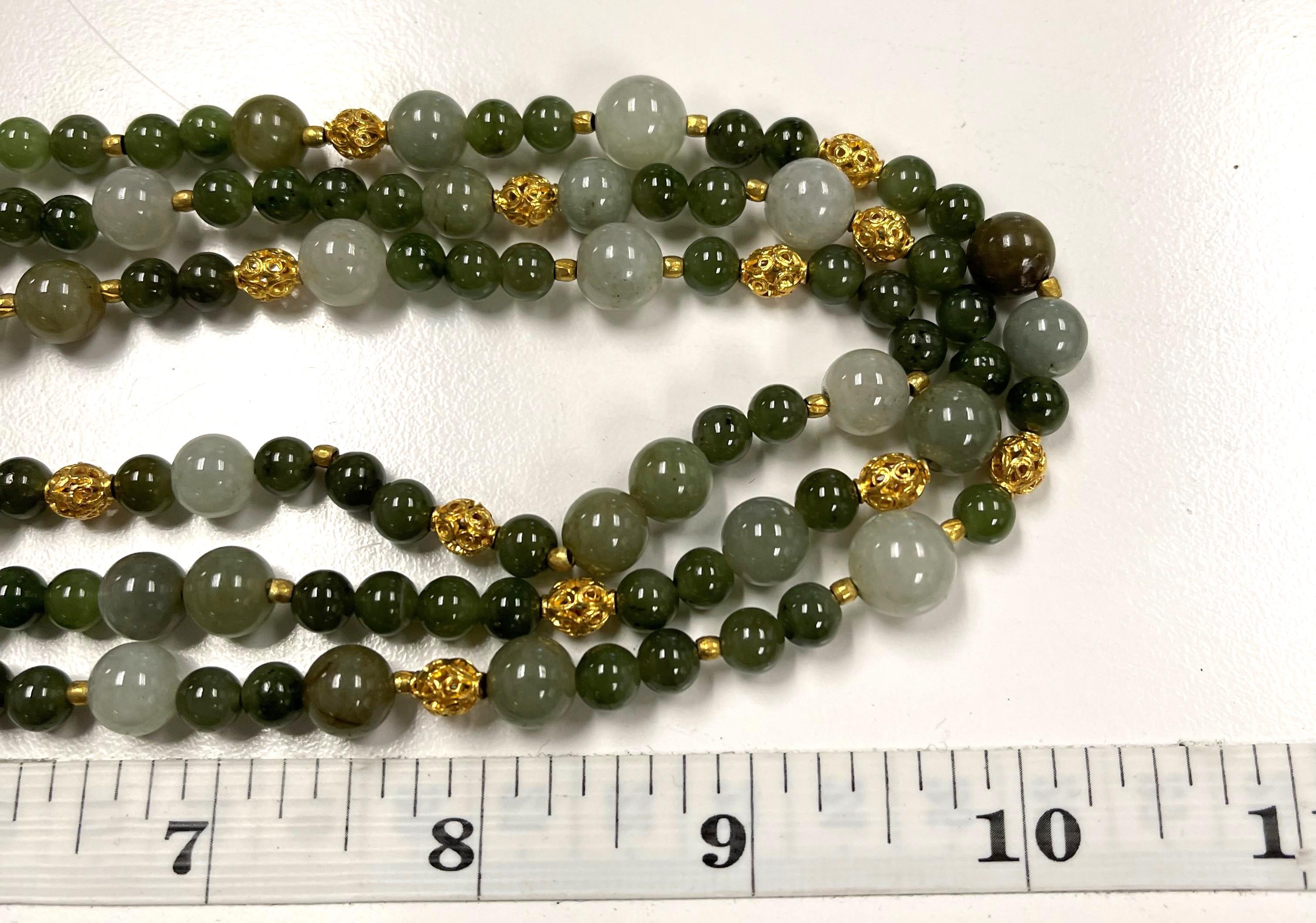 3-Strand Multi-Colored Jade Beaded Necklace with 18k and 22k Yellow Gold Accents For Sale 2