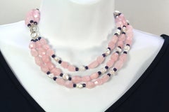 3-Strand Rose Quartz Necklace, Keshi Pearls, Iolite and 18 Karat Gold Clasp